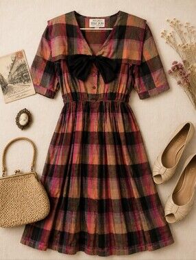 Richie Freeman For TERI JON VTG 80s  Plaid Fall Acedamia Fit & Flare Dress M-L